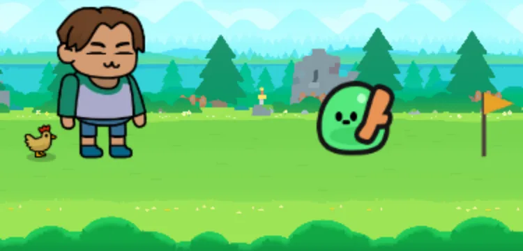 A hero and a chick companion face a slime on the forest path in hero quest