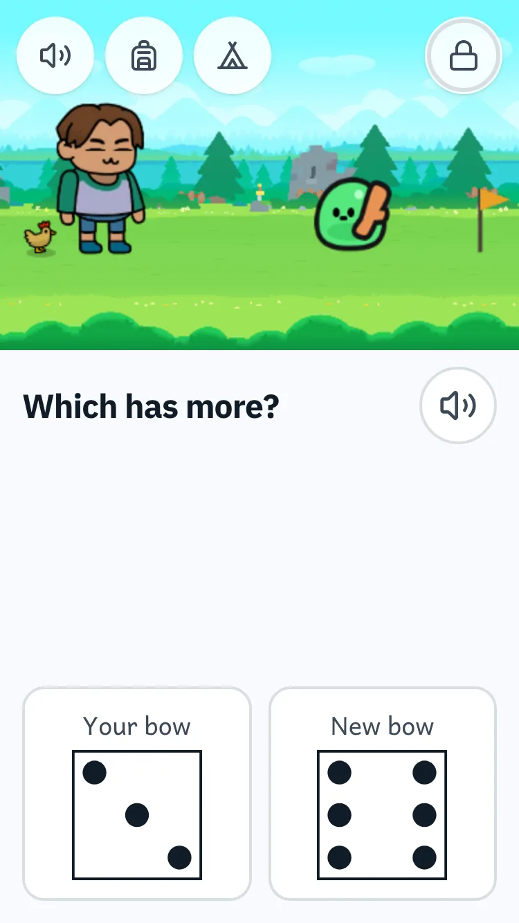 Hero quest on a phone: the hero stands on the forest path beside a chick companion and a slime, above a question card asking which has more